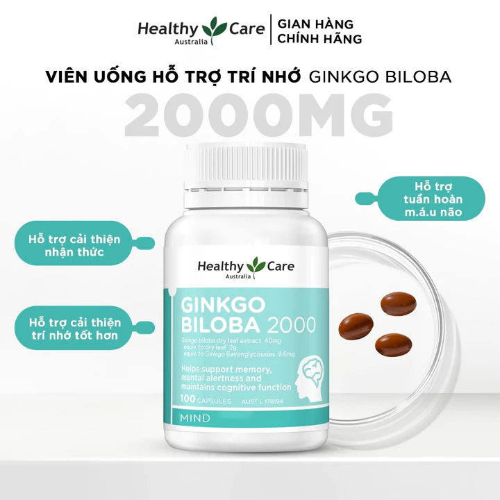 Viên Bổ Não Healthy Care Ginkgo Biloba 2000mg Tăng Cường Trí Nhớ, Giảm Đau Đầu, Lưu Thông Máu Não 100 Viên
