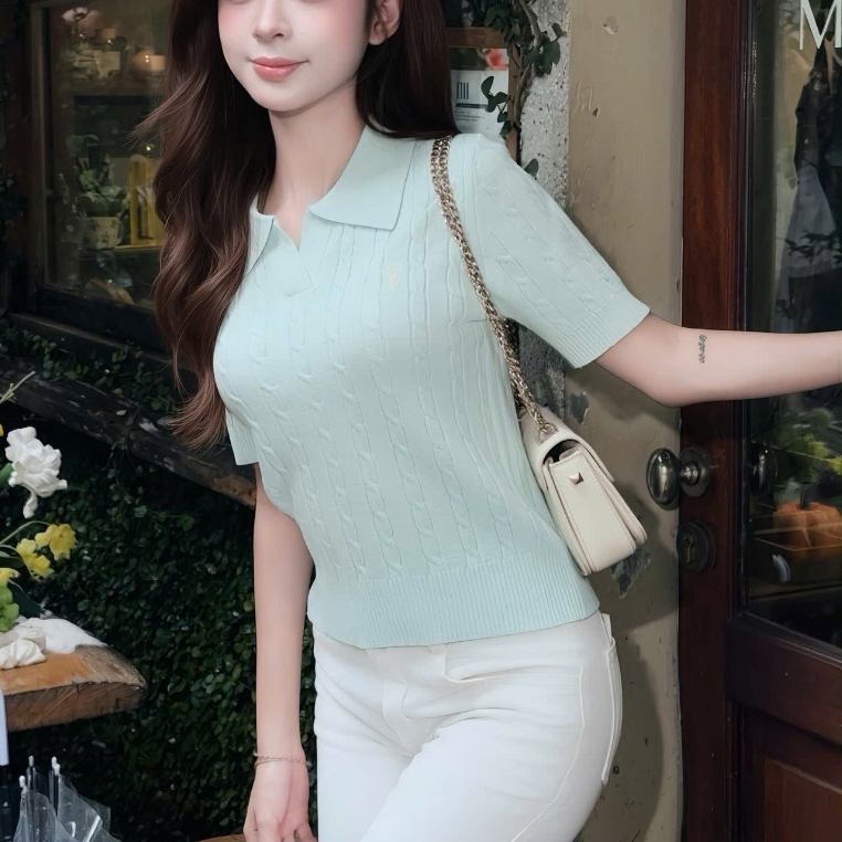TENDRE - Áo Len Nữ Cộc Tay Vặn Thừng Cổ Bẻ Form Ôm Tôn Dáng, Áo Polo Len Dệt Kim Thanh Lịch Dễ Phối Đồ B02