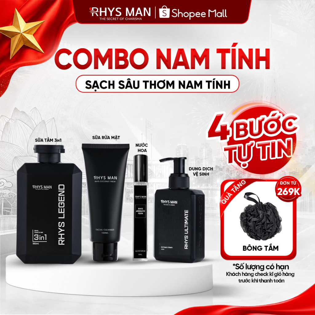 Combo Sữa tắm gội nam 3in1 350ml & Sữa rửa mặt 100ml & Dung dịch vệ sinh 120ml & Nước hoa 10ml Rhys Man - Combo Nam Tính