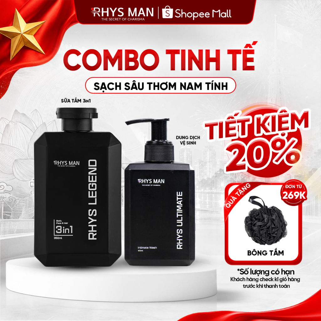 Combo Sữa tắm gội nam 3in1 350ml & Dung dịch vệ sinh nam 120ml Rhys Man - Combo Tinh Tế