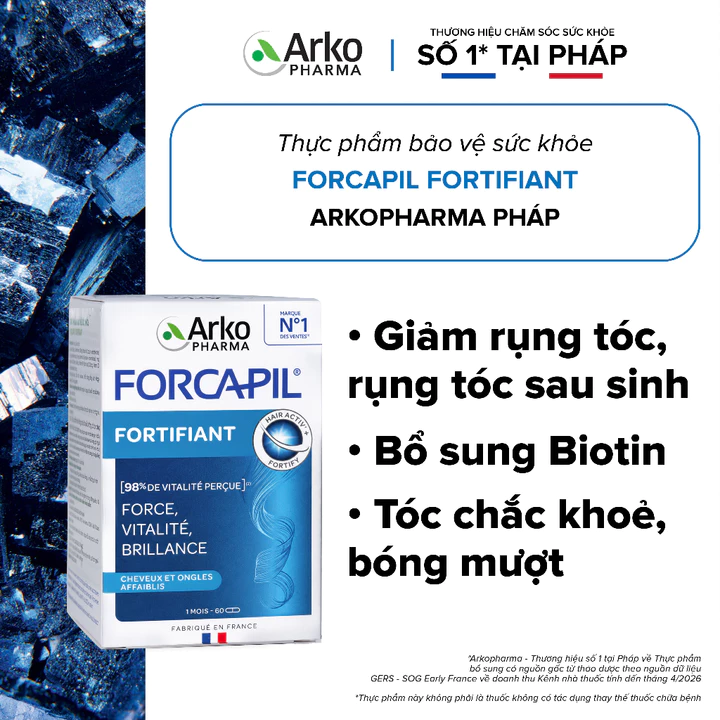 Viên uống giảm rụng tóc, rụng tóc sau sinh Biotin Pháp Arkopharma tóc chắc khỏe bóng mượt-TPBVSK Forcapil Fortifiant 60v