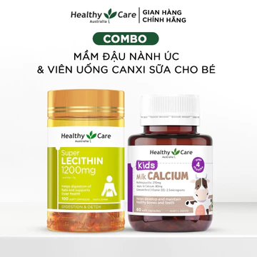 Combo Mầm Đậu Nành Úc Healthy Care Lecithin 100 Viên & Viên Uống Canxi Sữa Cho Bé Healthy Care Kids Milk Calcium 60 Viên
