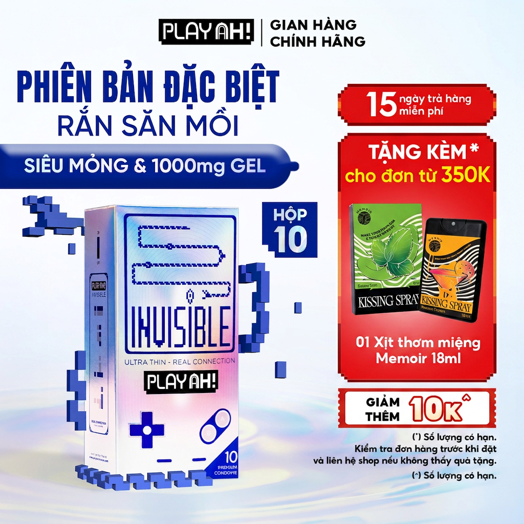Bao Cao Su PlayAh Super Invisible Siêu Mỏng/ Nhiều Gel/ Kéo Dài Thời Gian/ Có Gai Hộp 10 size 52mm