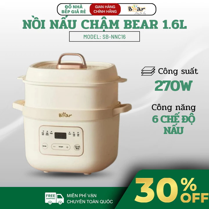 Nồi Nấu Chậm Bear SB-NNC16 1.6L 6 Chế Độ Nấu Đa Dạng, Công Suất 270W Tiết Kiệm Điện Hiệu Quả - Haatz Online