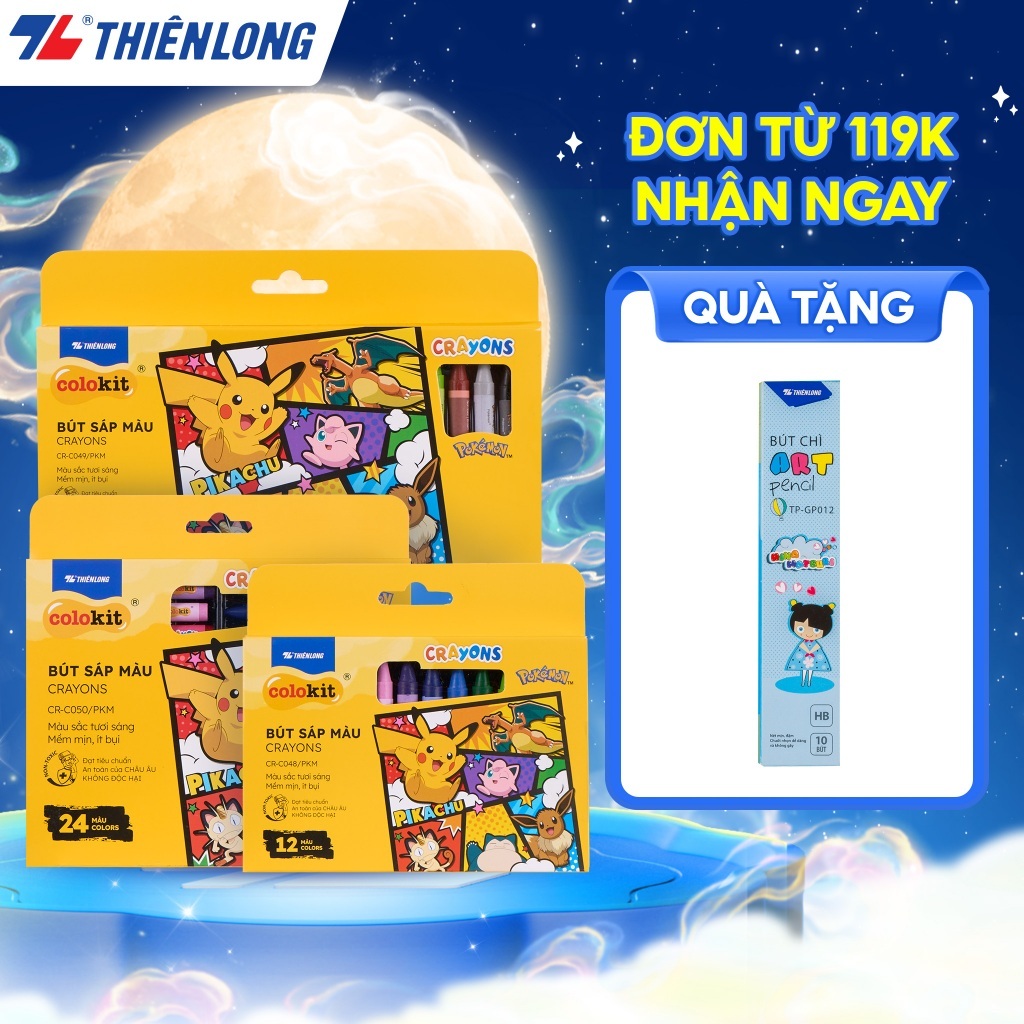 Bút sáp 12/18/24 màu Thiên Long Colokit Pokémon – Màu sắc rực rỡ, an toàn cho bé