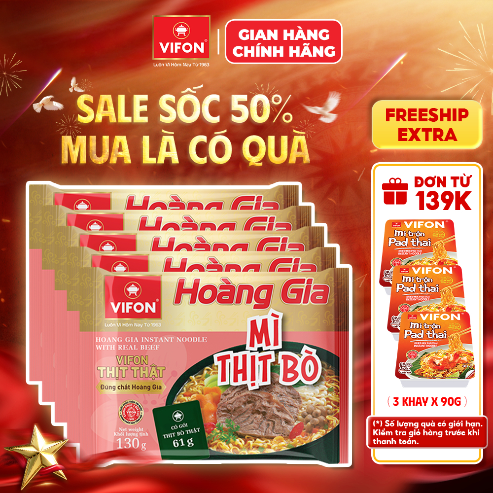 Set 5 gói VIFON Mì Hoàng gia Thịt bằm/Lẩu cua/Thịt bò/Kim chi/Lẩu thái/Hải sản/Hoành thánh/Mì quảng thịt bằm