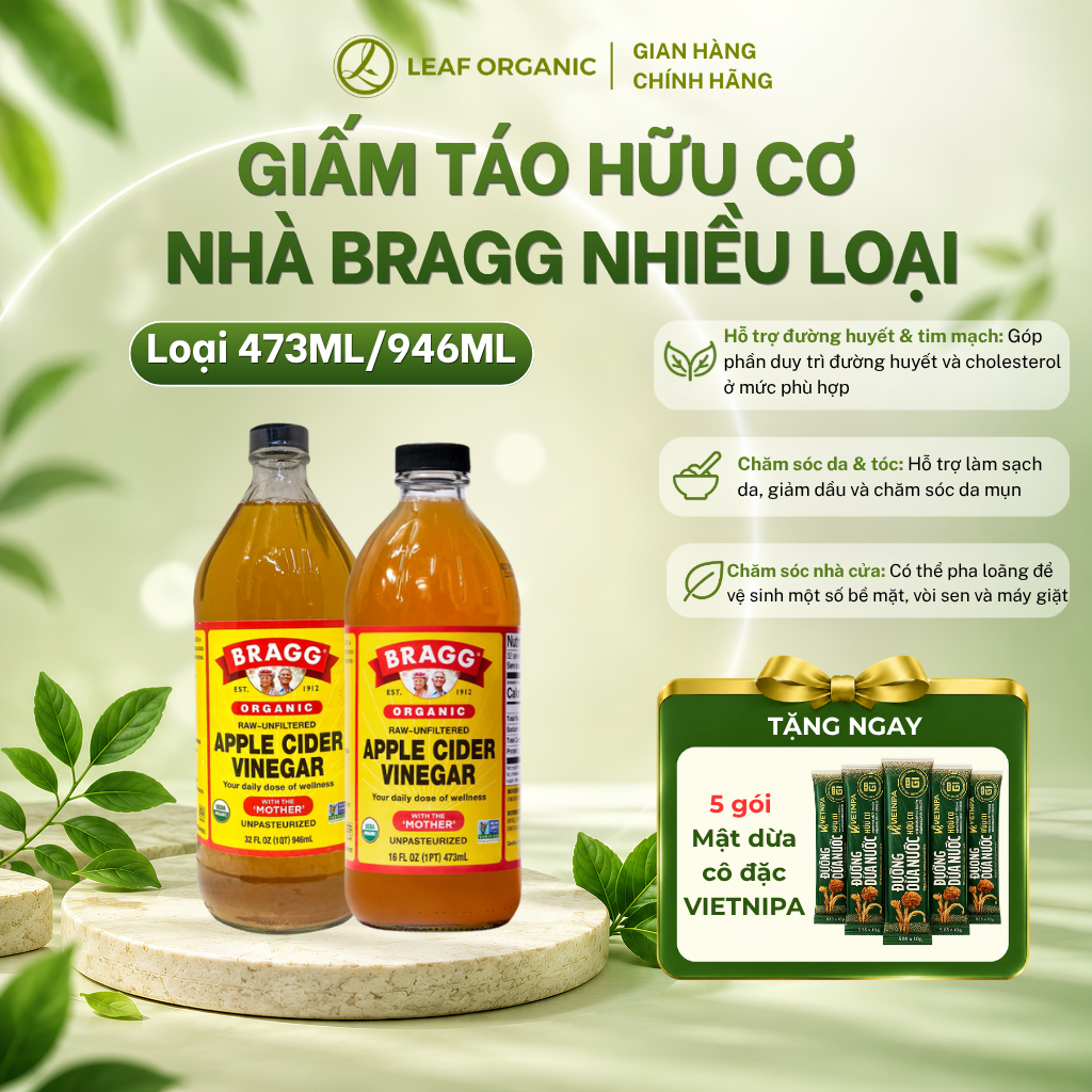 Giấm táo hữu cơ bragg hàng Mỹ chứa con giấm mẹ 473ml, 946ml
