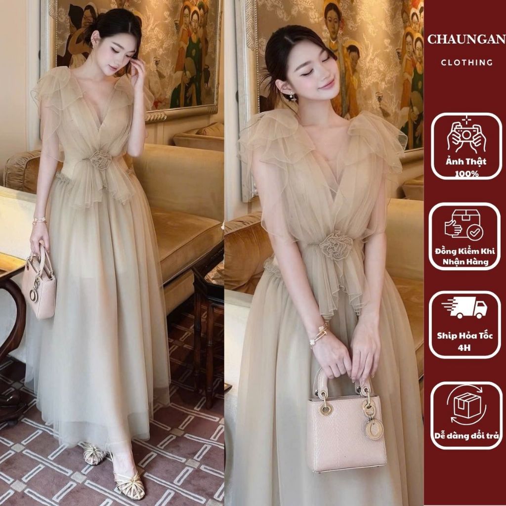 Đầm Voan Tơ Maxi Dáng Dài Cổ V Hở Lưng Đính Hoa Eo - Váy Dự Tiệc Công Chúa Nàng Thơ Sang Chảnh CHUẨN CHOUCHOU