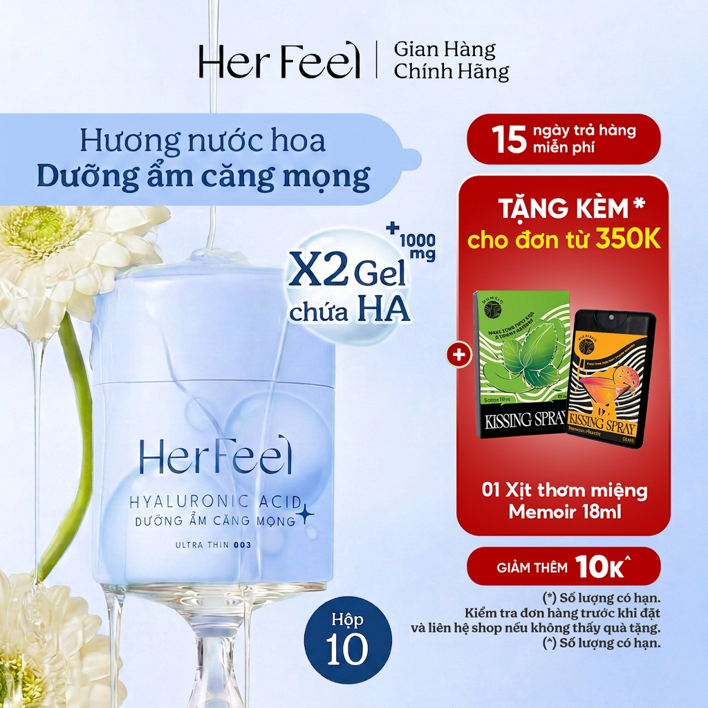 Bao cao su dưỡng ẩm Her Feel HA Hộp 3/10 Gấp đôi gel dưỡng ẩm cao cấp có thêm HA