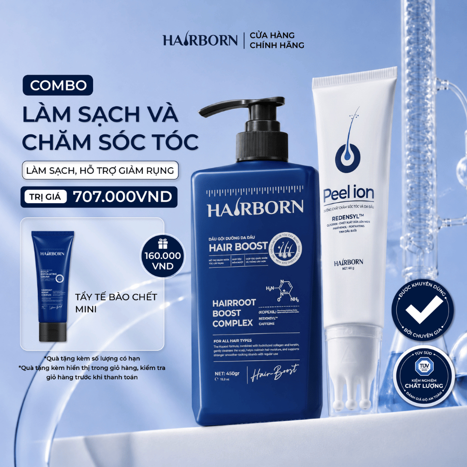 Combo Giảm Rụng & Hỗ Trợ Mọc Tóc Dầu Gội Hair-Boost 450g và Lăn Tóc Hairborn 60g thương hiệu HAIRBORN