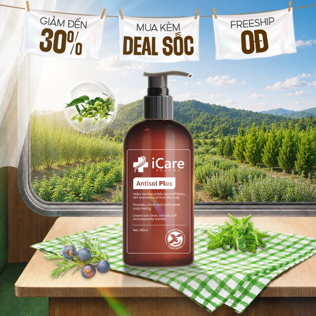 Dầu Gội Sạch Gàu Antisol Plus iCare Pharma Chai 300ml | Sạch Gàu Da Đầu – Giúp Da Đầu Thông Thoáng – Dịu Nhẹ