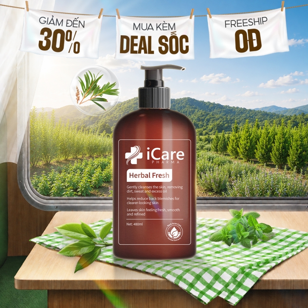 [MUA KÈM DEAL SỐC] Sữa Tắm Thảo Dược Herbal Fresh iCare Pharma 480ml | Hỗ Trợ Giảm Tình Trạng Mụn Lưng