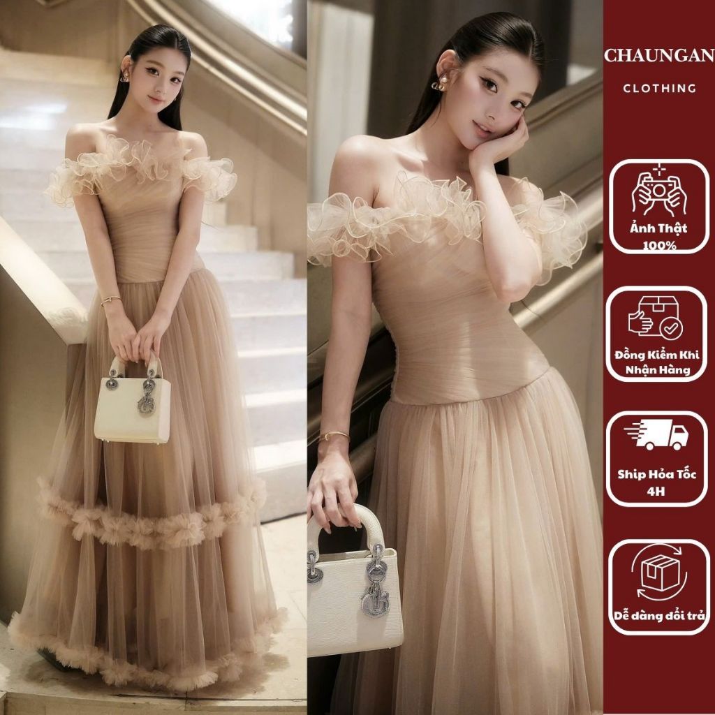 Đầm Maxi Trễ Vai Voan Lưới Xếp Nhún Dáng Dài Dự Tiệc Công Chúa Nàng Thơ Bèo Nhún Sang Chảnh
