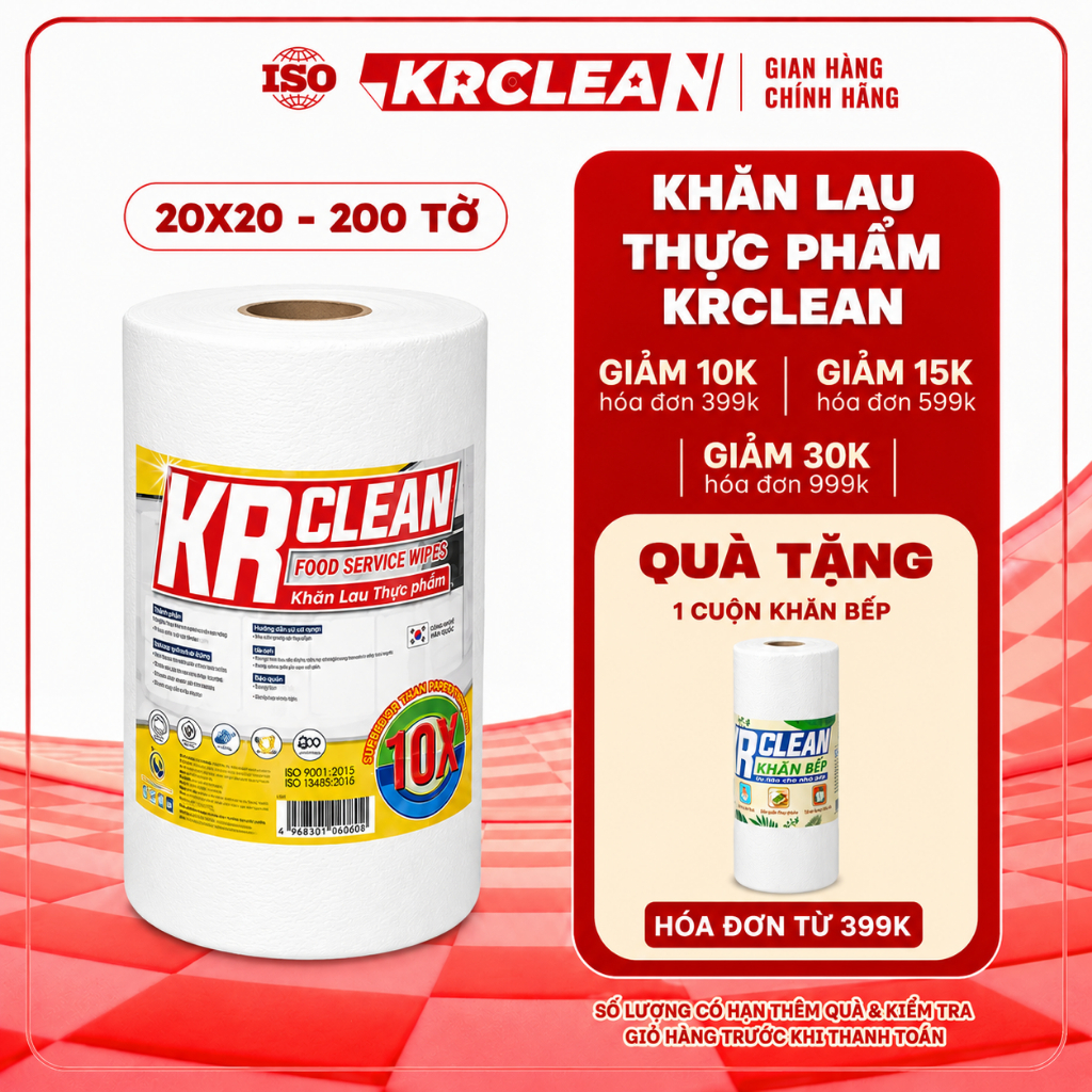 Cuộn khăn giấy lau thực phẩm KRCLEAN 20x20cm - Khăn lau đa năng, thấm khô cá thịt, bảo quản rau củ