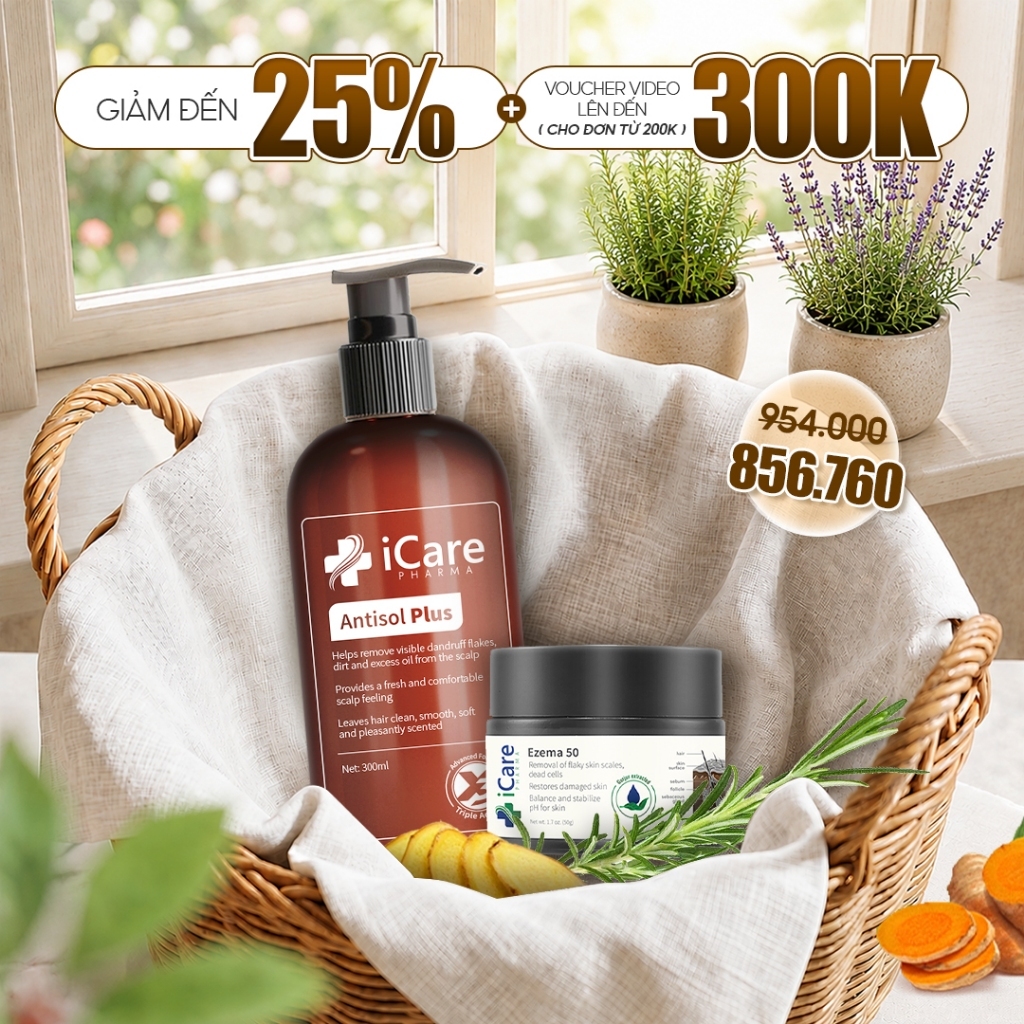 Bộ Đôi Chăm Sóc Cá Nhân iCare Pharma | Dầu Gội Antisol Plus & Cao Bôi Ezema 50 | Da Đầu Sạch Thoáng – Da Dịu Nhẹ