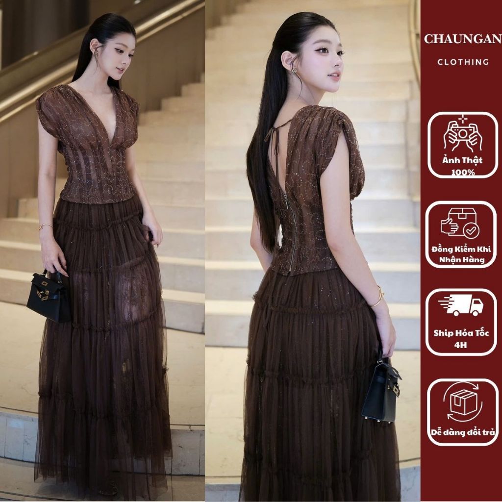 Set Áo Cổ V Ôm Dáng Kim Sa Kèm Chân Váy Ren Voan Xếp Tầng Dáng Dài Sang Trọng Đi Tiệc
