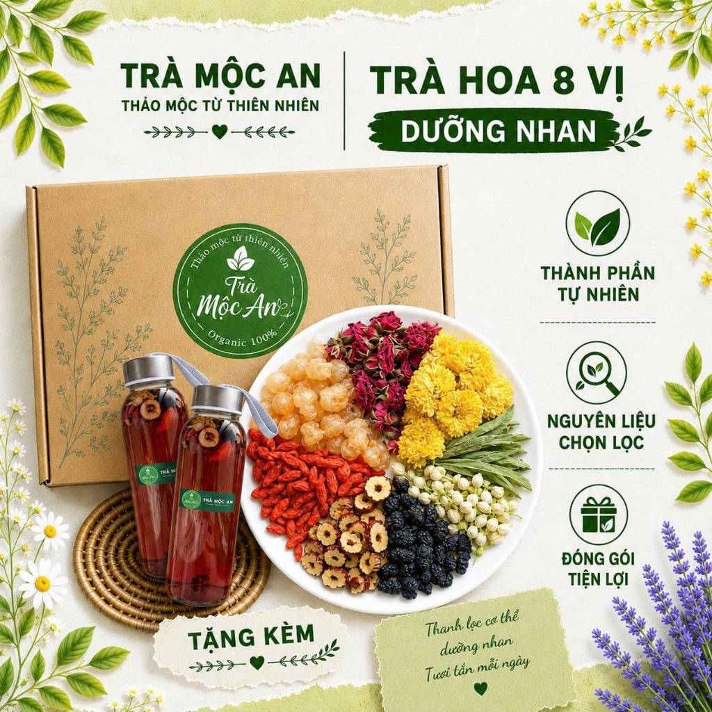 Trà Hoa 8 vị Dưỡng Nhan - Hộp 30 Gói TẶNG BÌNH - Đẹp Da, Thanh Nhiệt, Mát Gan, An Thần Ngủ Ngon