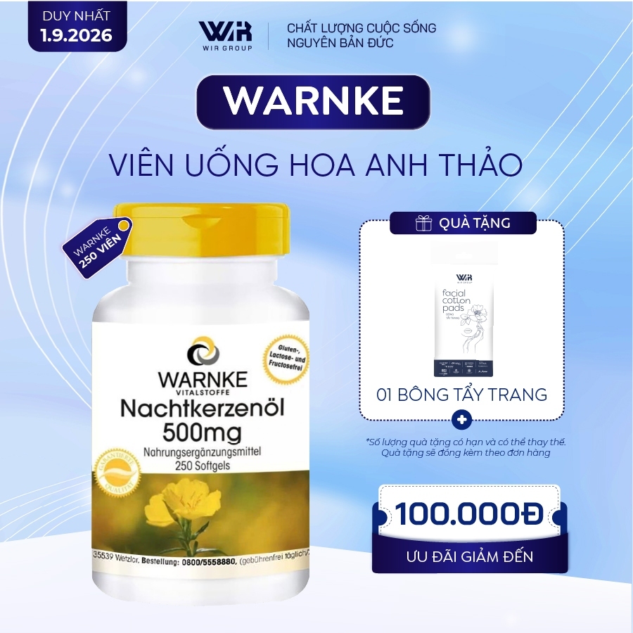 Hộp 250 Viên Tinh Dầu Hoa Anh Thảo Warnke Nachtkerzenöl 500mg Hỗ Trợ Cân Bằng Nội Tiết Tố Nữ | Wir Group