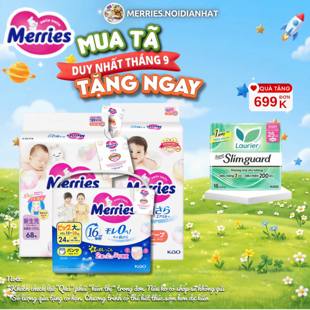 Tã Bỉm Dán/Quần Merries Hàng Nội Địa Nhật NB76,S62,M56,M52,L44,XL38