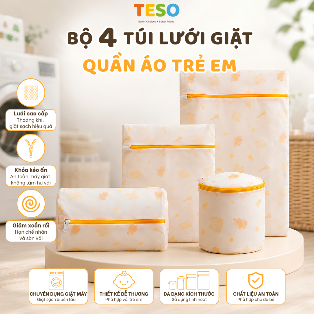 Bộ 4 Túi Lưới Giặt Đựng Đồ Trẻ Em TESO - Túi Giặt Quần Áo, Tất Vớ, Đồ Dùng Cho Bé Nhiều Kích Cỡ