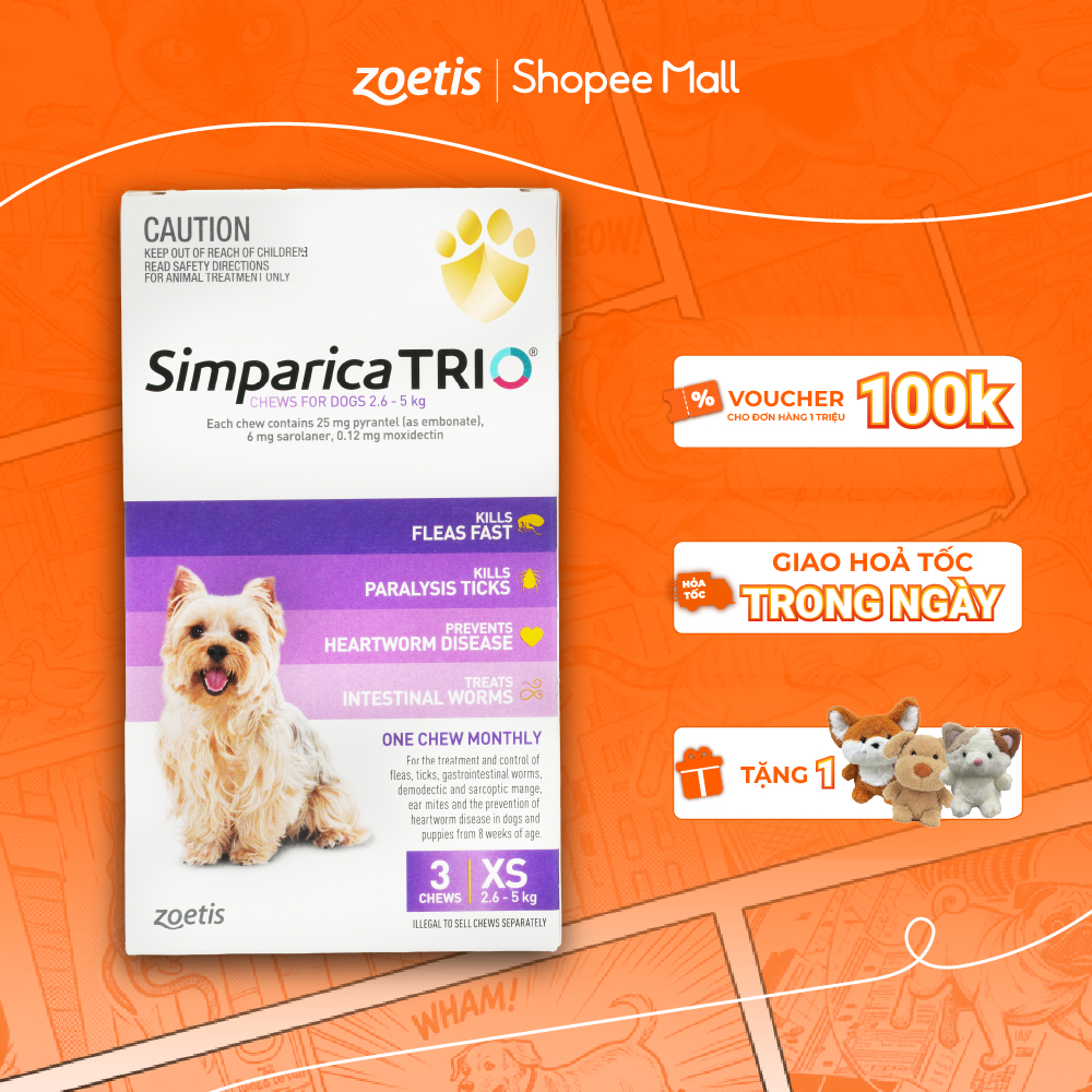 Simparica Trio –Viên Nhai Phòng Ve,Ghẻ Bọ Chét kết hợp Tẩy Giun Cho Chó từ 2.6-5kg size XS