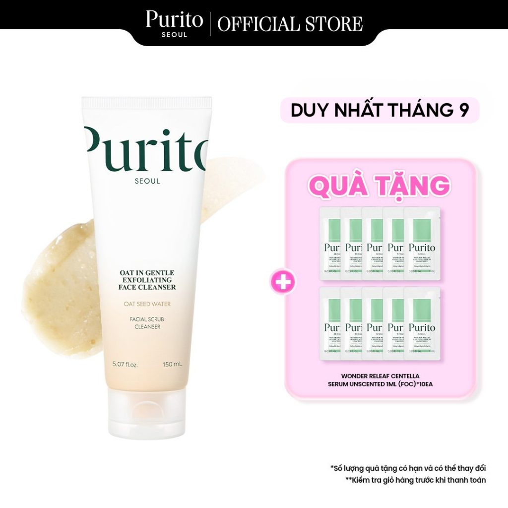 Sữa rửa mặt làm sạch dịu nhẹ, an toàn cho da mụn nấm PURITO Oat In Gentle Exfoliating Face Cleanser 150ml
