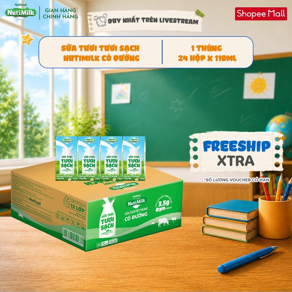 [KOL] Thùng 24 Hộp Sữa Tươi Tươi Sạch NutiMilk 110ml