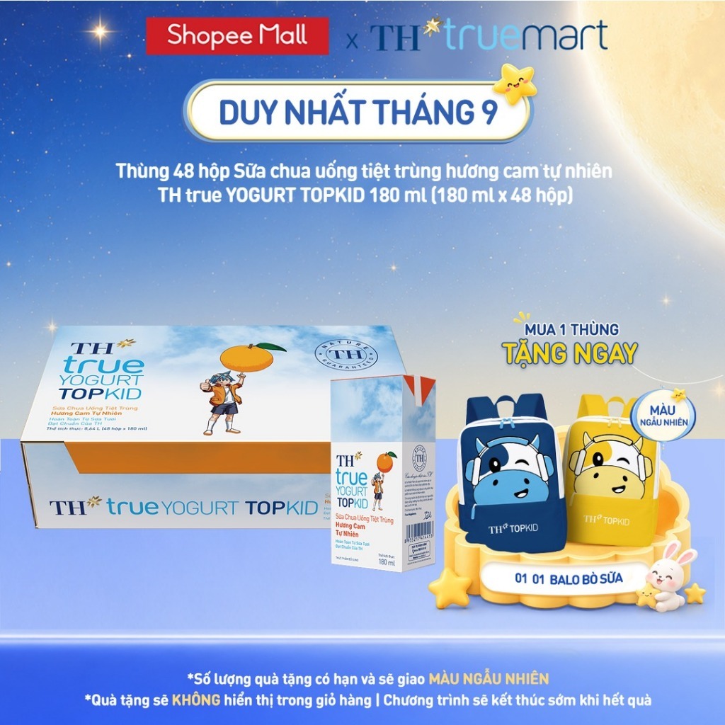 [Livestream] Thùng Sữa Chua Uống Tiệt Trùng TH true YOGURT TOPKID milk Hương Cam 180ml (48 Hộp)