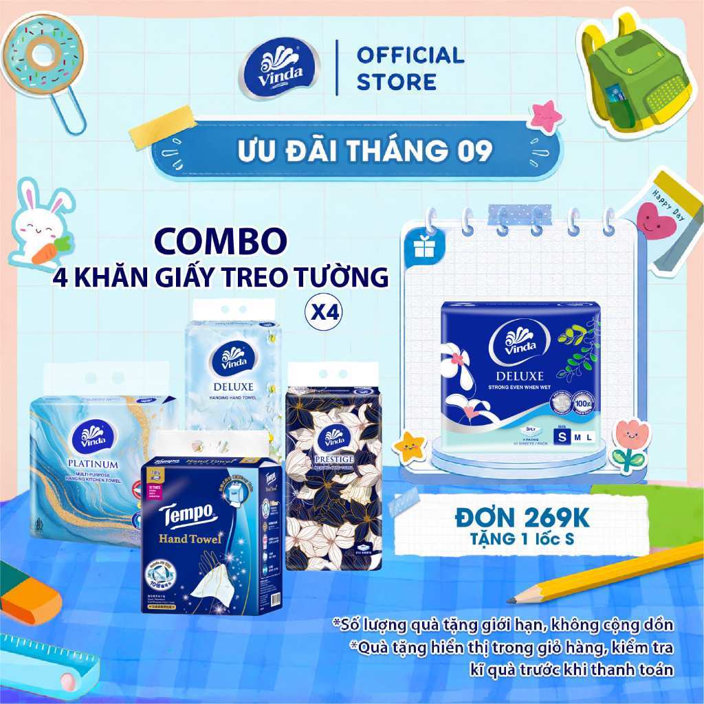 [COMBO 4 GÓI KHĂN TREO TƯỜNG] Khăn giấy treo tường cao cấp Vinda Prestige 4D 3 lớp 212 tờ