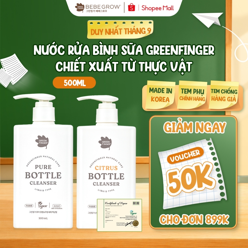 Nước rửa bình sữa, rau củ, trái cây Greenfinger chiết xuất từ thực vật, dạng lỏng dung tích 500ml, đạt chứng nhận Vegan