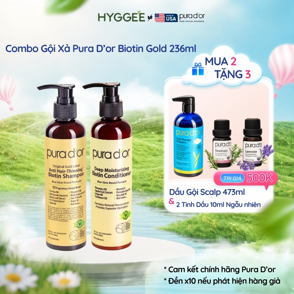 Combo gội xả Pura D’or Biotin Gold Label – Hỗ Trợ Giảm Rụng & kiềm dầu, phục hồi tóc khô xơ