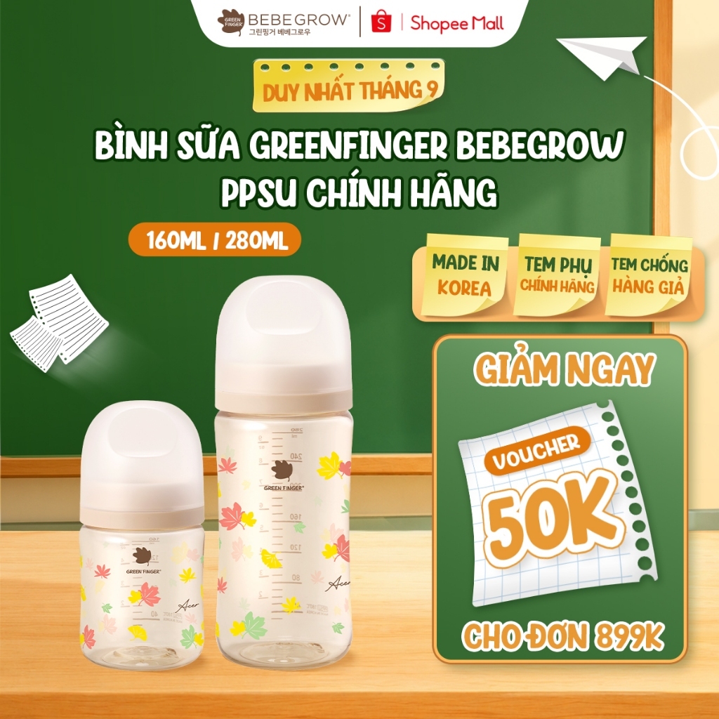 Bình sữa cho bé Greenfinger Bebegrow chất liệu nhựa PPSU an toàn, chịu nhiệt tốt 160ml/280ml Green Finger