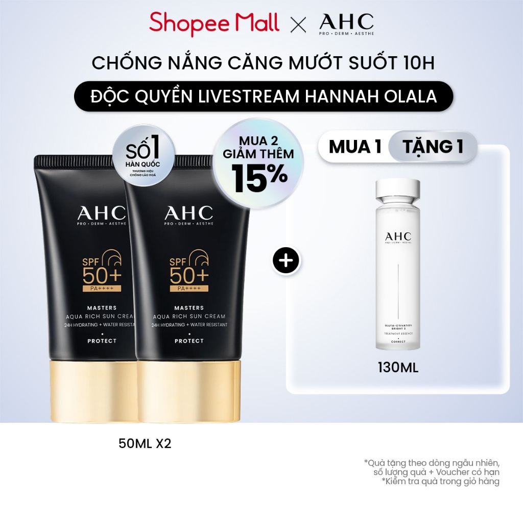 [AHCx HANNAH] Bộ đôi Kem chống nắng AHC phổ rộng 400nm căng mướt da chuẩn Hàn (50 ml x2) Masters Aqua Rich Sun Cream | BigBuy360 - bigbuy360.vn