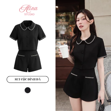 Set đồ nữ bộ đồ nữ tiểu thư gồm áo vest croptop nữ cộc tay phối cổ sen đính đá và quần đùi nữ lưng cao dáng chữ A SET004