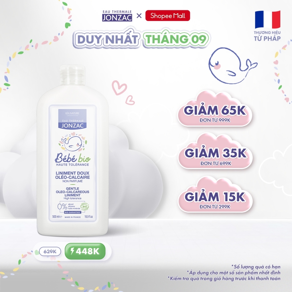 Dung dịch vệ sinh chống hăm tã hữu cơ JONZAC - Giữ ẩm làm mềm nuôi dưỡng làn da bé (500Ml-1L)
