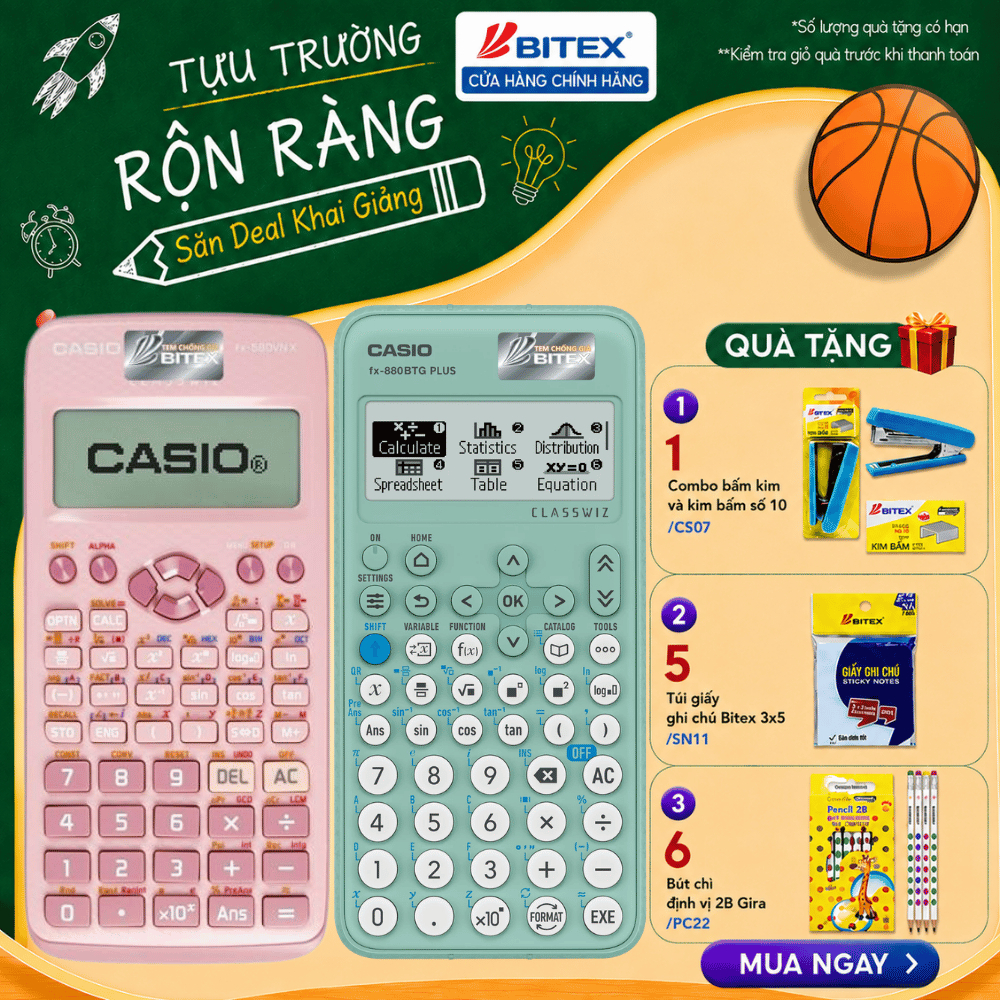 DEAL SỐC COMBO 2 MÁY TÍNH CASIO FX-880BTG PLUS & FX-580VNX + Bộ Dụng Cụ Học Tập Bitex Cao Cấp (Compa, Bấm Kim, Giấy Nhớ)