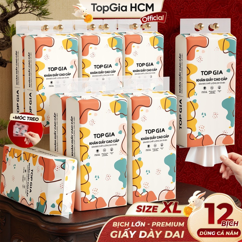 [Combo 12 Bịch - SIÊU TO] Khăn Giấy Top Gia 1280 Tờ 4 Lớp Giấy Ăn Giấy Rút Đa Sắc Treo Tường Tiện Lợi