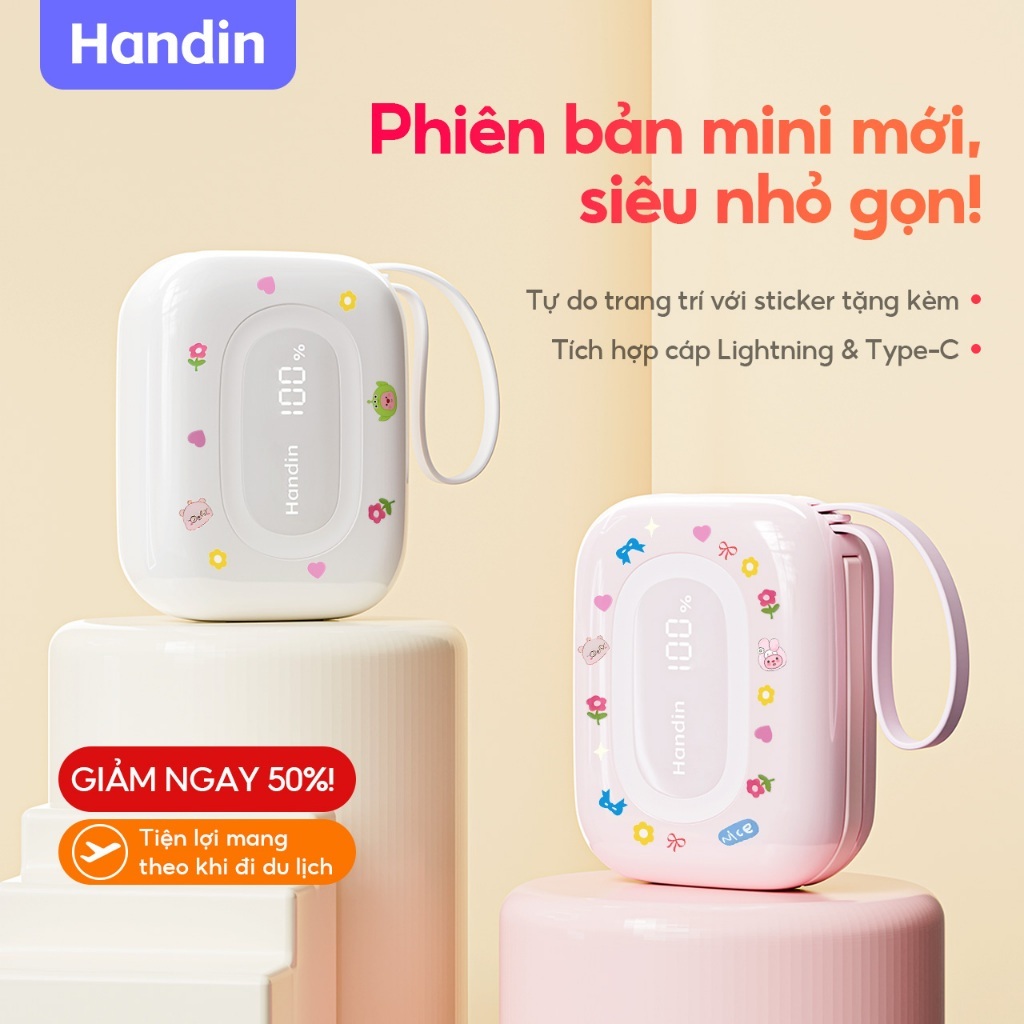 Handin mini sạc dự phòng 10000mAh PD 35W sạc nhanh cho iPhone/Android quà tặng cho nữ giới bạn gái tiện mang theo