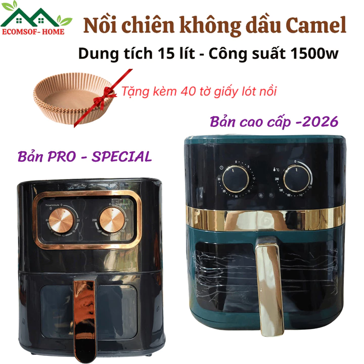Nồi chiên không dầu 15 lít , Nồi chiên không dầu Camel thế hệ mới 2026 Tặng kèm 40 tờ giấy lót nồi