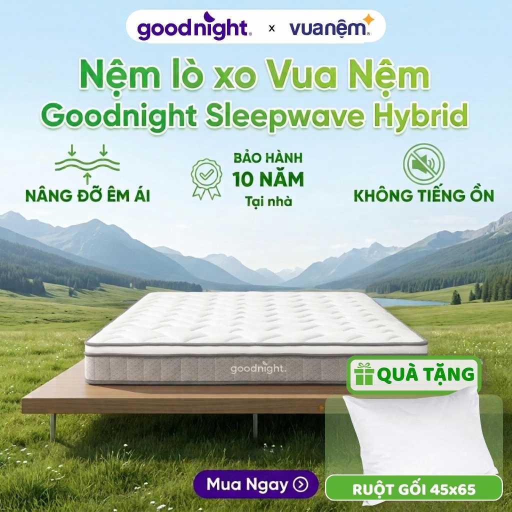 [SĂN QUÀ TẠI LIVE]Nệm Lò Xo Túi Độc Lập Vua Nệm Goodnight Sleep Wave Hybrid, Đệm Lò Xo Khách Sạn 20cm Cao Cấp