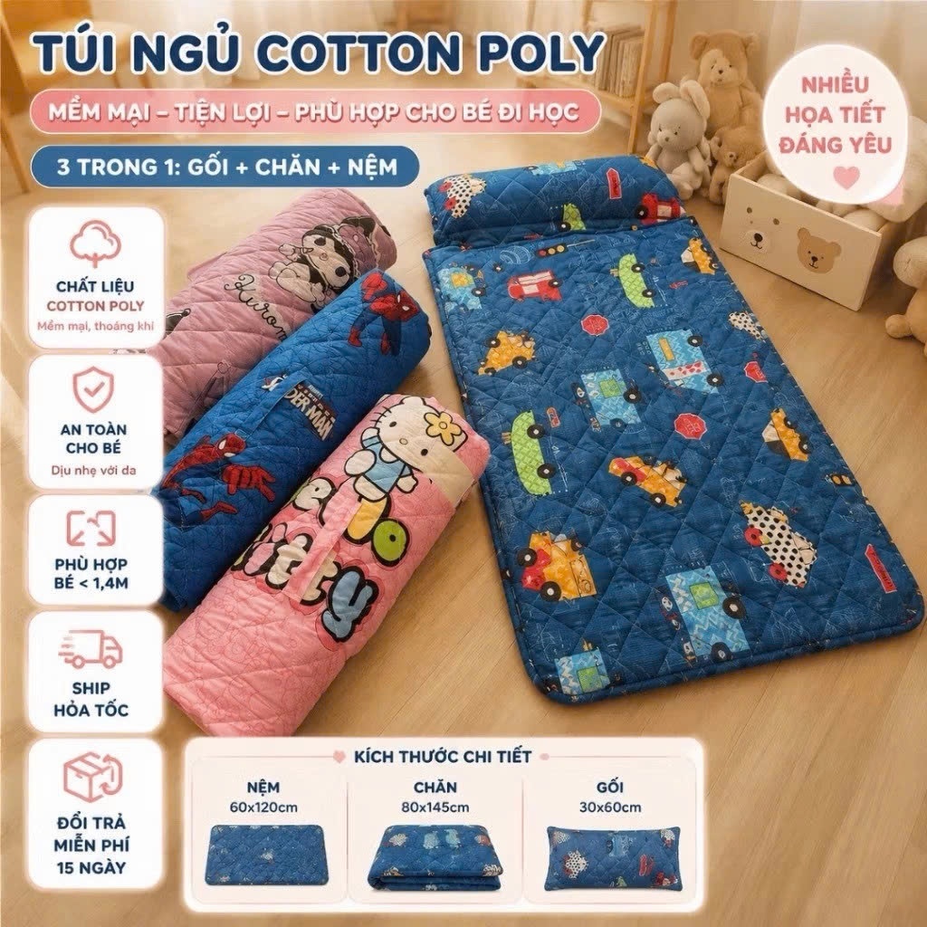 Túi Ngủ Cotton Poly mềm mát cho bé đi học, với nhiều hoạ tiết phù hợp cho các bé yêu