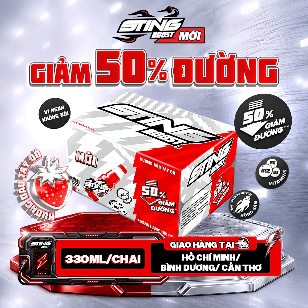[Mới-Ít Đường] Thùng 24 Chai Nước Tăng Lực Sting Boost Vị Dâu - Giảm 50% Đường (330ml/Chai)
