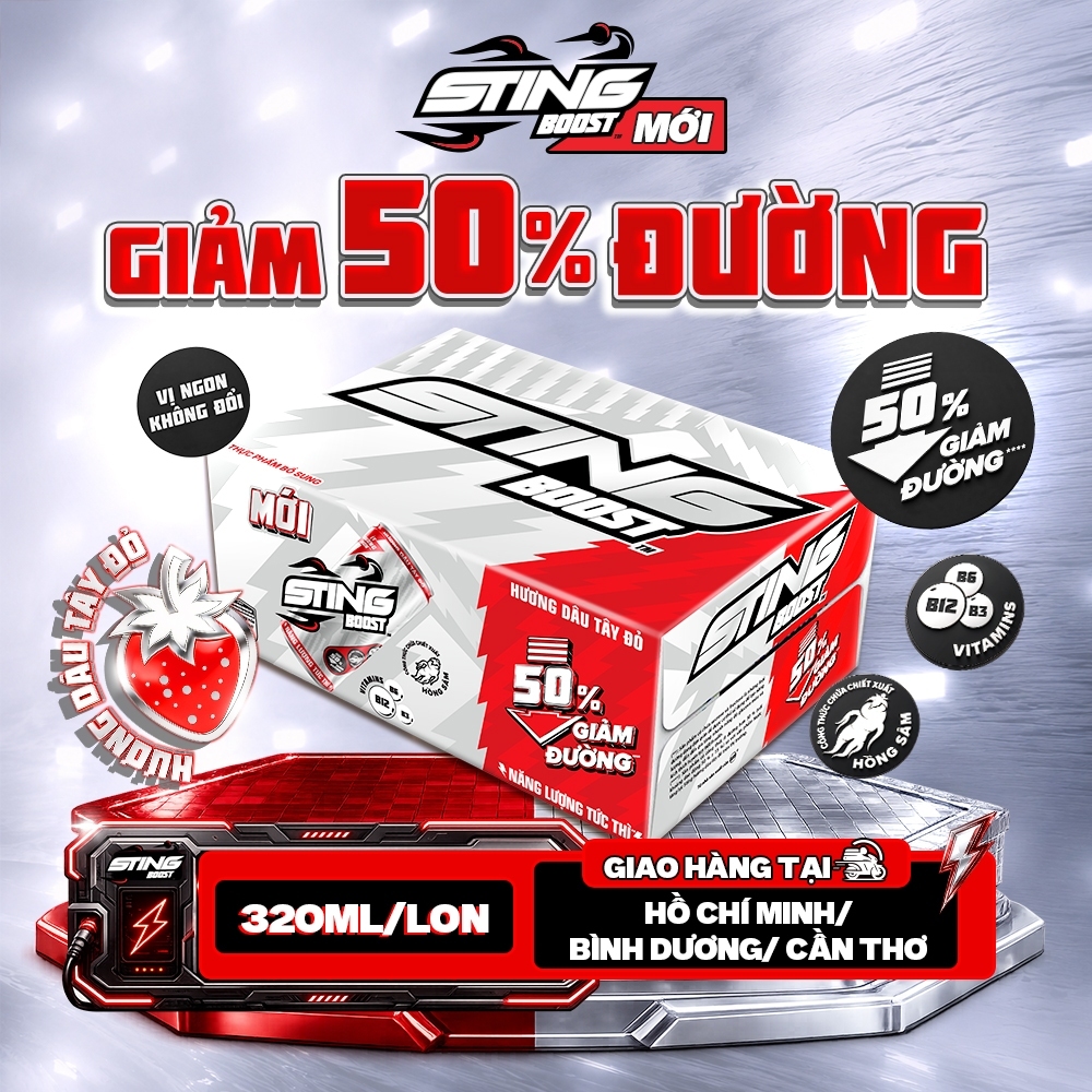 [Mới-Ít Đường] Thùng 28 Lon Nước Tăng Lực Sting Boost Vị Dâu - Giảm 50% Đường (320ml/lon)