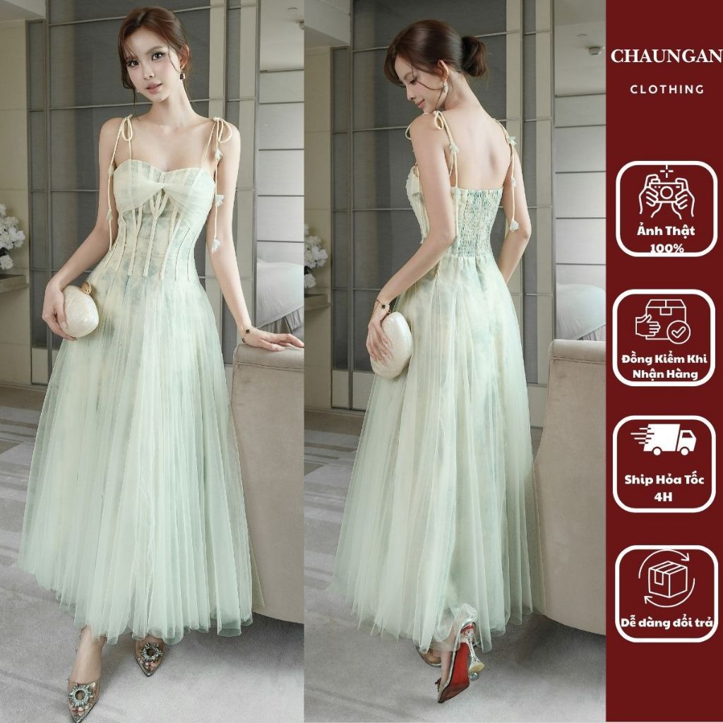 Đầm Maxi Dáng Dài Hai Dây Nơ Vai Corset Siết Eo Dự Tiệc Du Lịch Sang Chảnh