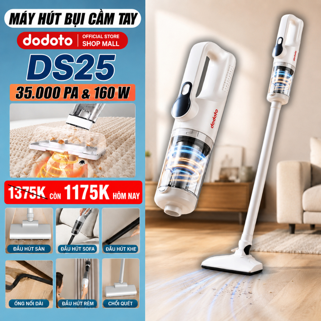 Máy hút bụi cầm tay dodoto DS25 hút bụi sàn nhà không dây động cơ không chổi than Bảo hành 24 tháng