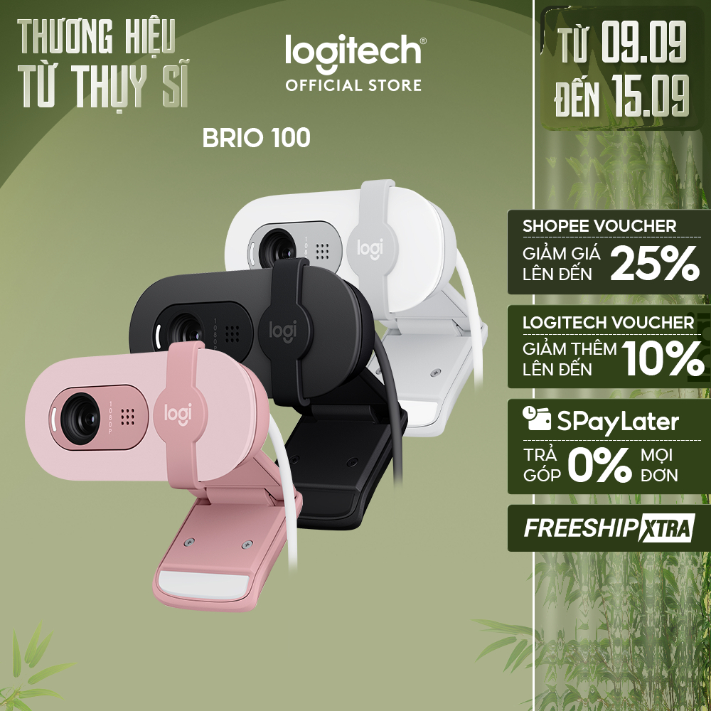 Webcam Full HD Logitech Brio 100 - Cân bằng ánh sáng, Mic, Màn chập, USB-A, Google Meet, Zoom