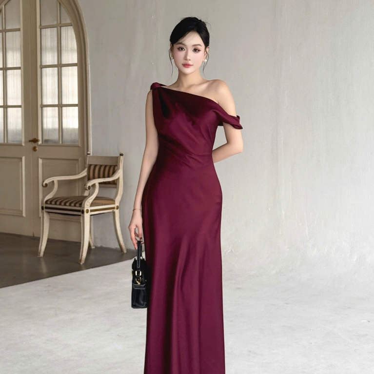 Đầm lụa lệch vai tay rớt nhún hông sang chảnh chất lụa Tô Châu cao cấp - Lisa dress