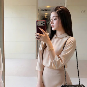 SET0109- BỘ ÁO CỘC TAY CỔ SEN TƠ MIX CHÂN VÁY NGẮN BE HỒNG