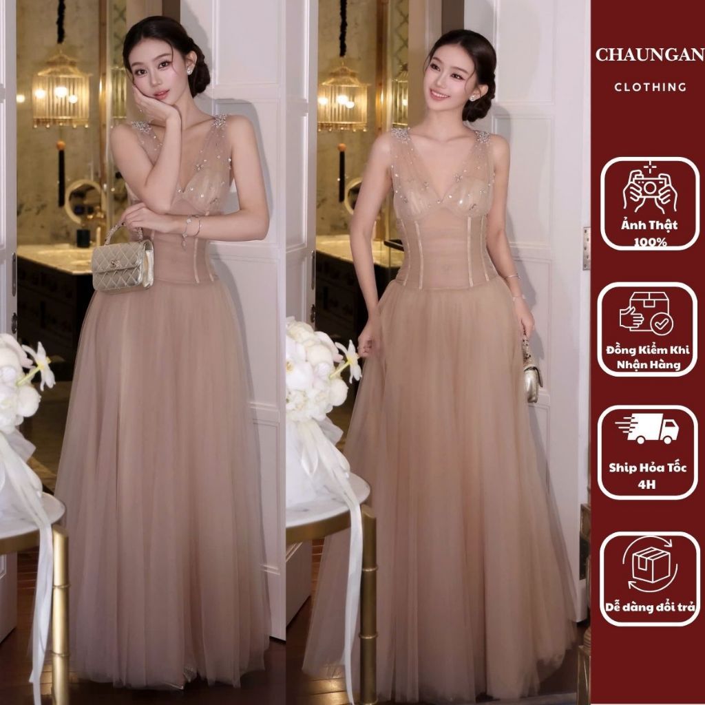 Đầm Dạ Hội Cổ V Sâu Đính Đá Dáng Dài Ôm Eo Thân Voan Tơ Bồng Bềnh Sang Trọng