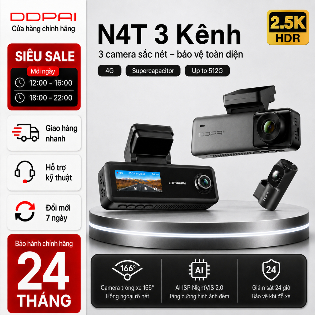 [MỚI] DDPAI N4T Camera Hành Trình Dành Cho Xe Grab 3 Camera GPS Siêu Tụ Điện Ban Đêm Rõ Nét Kết Nối App Giám Sát Xe 24h